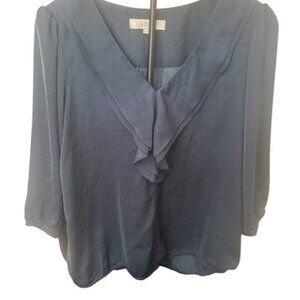 Ann Taylor Loft Women's Large Blouse Gray 3/4 Sleeve Faux Silk V-Neck Ruffle